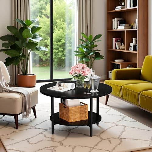 FAMIDGE Coffee Table, 27.6“ Circle Coffee Tables for Living Room, 2 Tier Round Coffee Table with Storage, Wood Accent Cent...