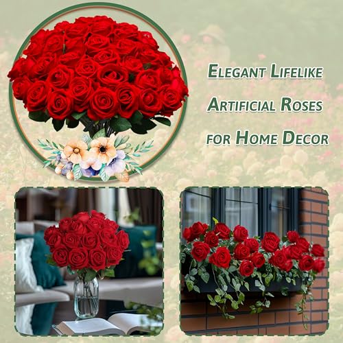 Jefuzh 50 PCS Fake Red Roses, Artificial Red Flowers Bulk Realistic Silk Faux Rose with Stems for Wedding Decoration Anniv...