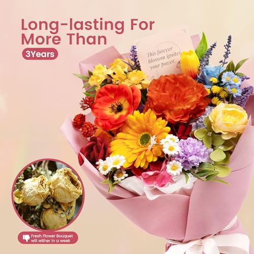TINGE TIME Preserved Flowers Bouquet, Rainbow Faux Rose Bouquets, Artificial Flowers Birthday Centerpiece Flower Bouquet, ...