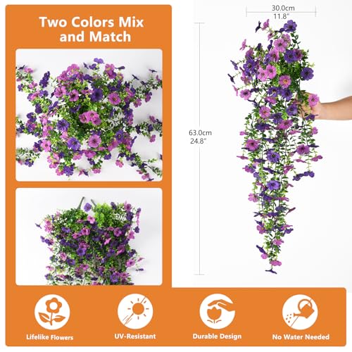 Artificial Hanging Flowers for Outdoors, 2 Pcs Fake Hanging Plant Spring Summer Decor, UV Resistant No Fade Faux Silk Dais...