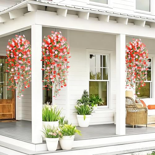 Waipfaru Artificial Hanging Flowers for Outdoors, 4 Pcs Fake Hanging Plants for Outdoor, UV Resistant Silk Faux Violet Flo...