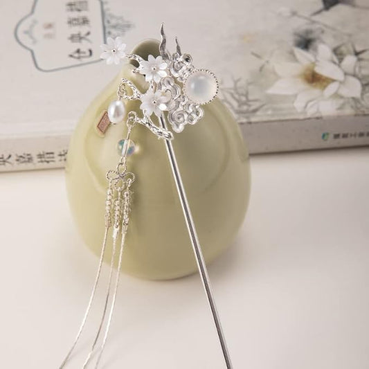 Silver Cloud Pearl Hairpin Hair Clasp Sticks Picks White Flower Crystal Long tassels Hair Accessories For Long Hair Women ...
