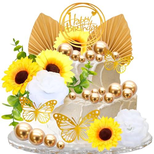 Gyufise 54Pcs Artificial Sunflower Cake Decorations Acrylic Happy Birthday Cake Topper Butterfly Balloon Cake Toppers for ...
