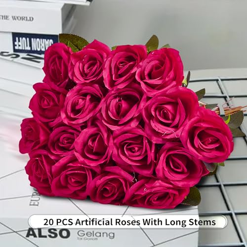 Pyopbow 20PCS Artificial Roses with Long Stems - Realistic Silk Flowers, Fake Roses Real Touch Bouquet Roses for Valentin...