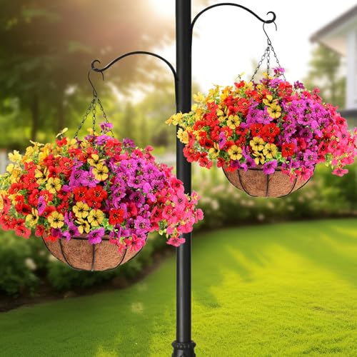 Geegoods 2 Set Artificial Hanging Flowers for Outdoors, UV-Resistant Fake Hanging Baskets, Realistic Hanging Planters for ...
