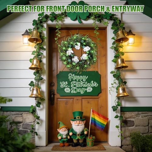 22" St. Patrick’s Day Wreath for Front Door, Green Shamrock & White Hydrangea Artificial Wreaths with LED Lights, Spring H...