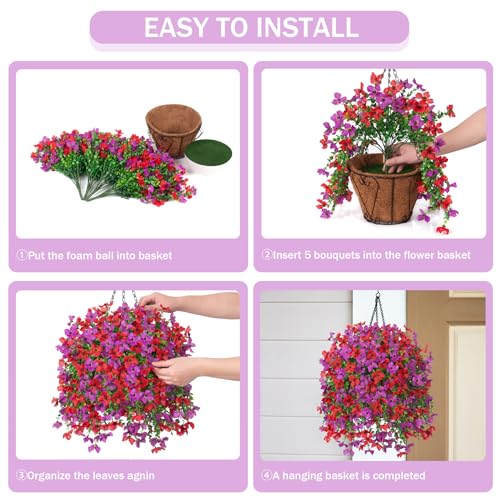 INXUGAO Artificial Hanging Flowers Plants with Basket for Outdoors, Realistic Faux Silk Daisy Flower Eucalyptus for Spring...