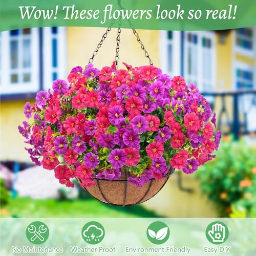Elyum Artificial Hanging Flowers for Outdoors, Fake Flowers Artificial Petunias Hanging Baskets for Outdoors, UV Resistant...