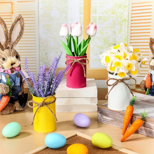 Zeyune 3 Pack Fake Potted Flowers Artificial Daffodils Flower Plants in Metal Pots Spring Artificial Flower Lavender Tulip...