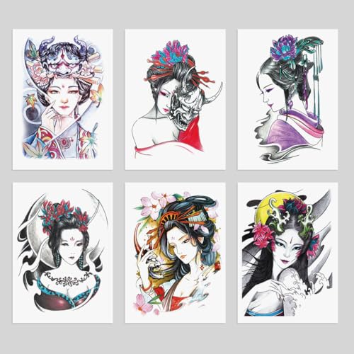 Oottati 6 Sheets Arm Waterproof Temporary Tattoo Stickers, Colorful Japanese Ancient Beauty Lady Women Hairpin Geisha Praj...