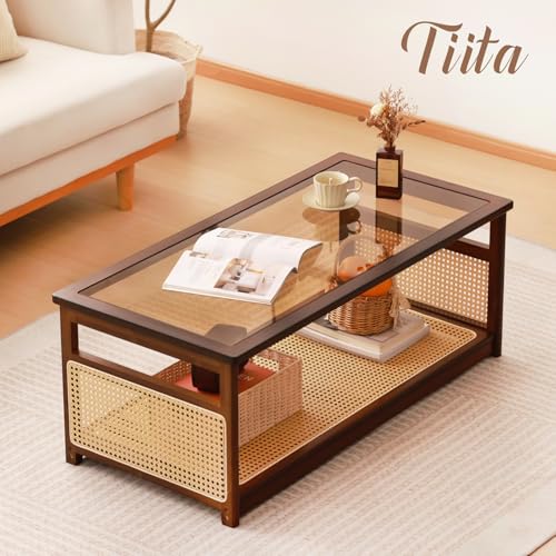 Tiita Coffee Tables for Living Room，Mid Century Modern Storage 2-Tier Coffee Tables，Rattan Glass RectangleTables，Suitable ...