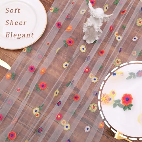 SAJOO 10ft White Embroidery Daisy Tulle Table Runner 120 Inch Floral Table Runners Summer Sheer for Kitchen Dining Easter ...