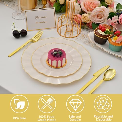 ISFANGCO 102Pcs Ivory White Plastic Plates with Gold Trim, Heavy Duty Wedding Plates, Elegant Disposable Plate Sets includ...