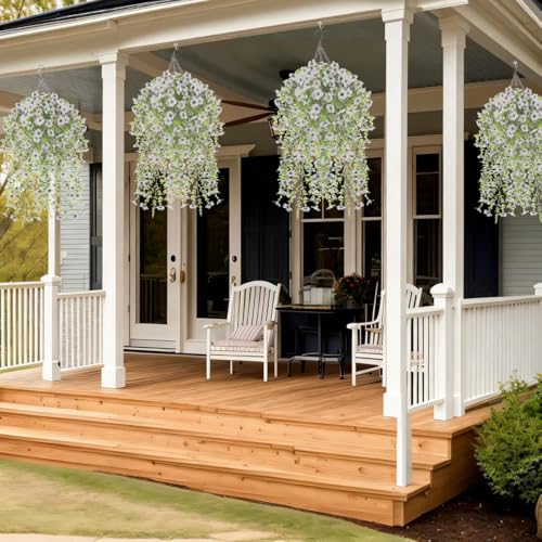 Dakuailo Artificial Hanging Flowers, 4 Pack UV Resistant Silk Flowers for Outdoor Decoration, Faux Plants for Porch, Pati...