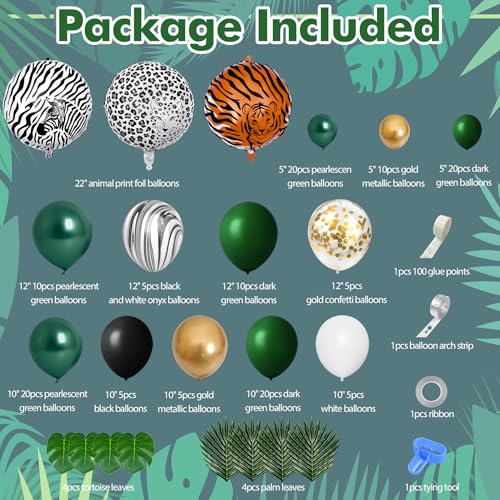 Amandir 152Pcs Jungle Safari Balloon Garland Arch Kit, Gold Dark Green Animal Balloons Artificial Tropical Palm Leaves Dec...