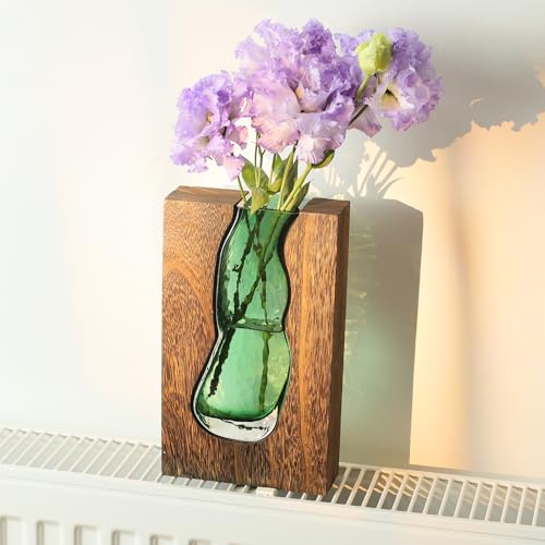 Wood and Glass Inlay Vases Farmhouse Wooden Glass Flower Vase Solid Wood Glass Vase Home Decor Vases for Centerpiece (9.45...