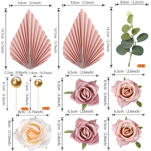 Rsstarxi 22 Pack Rose Artificial Flower Leaves Cake Decorations Gold Balloon Paper Palm Fan Cake Toppers for Happy Mother'...