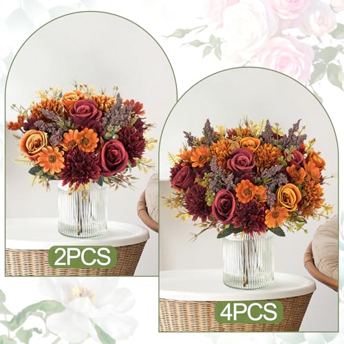 Dremisland Artificial Flowers Like Real Artificial Bouquet 2 Packs Silk Artificial Roses Bouquet with Daisy Chrysanthemum ...