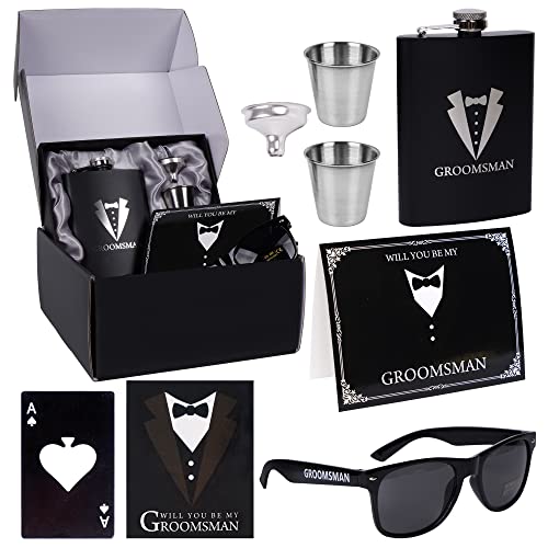6 Pieces Groomsmen Gifts Groomsman Proposal Wedding Party Box Set:8oz Stainless Steel Tuxedo Flask with cups Poker Bottle ...