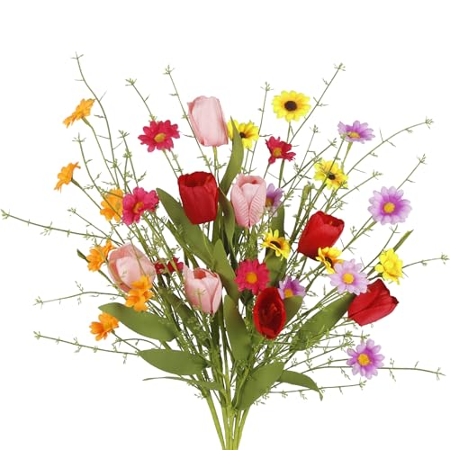 CISDUEO 6 Pcs Wildflowers Artificial Flowers Tulips and Fake Daisies Faux Wildflowers Spring Flowers Silk Floral Arrangeme...