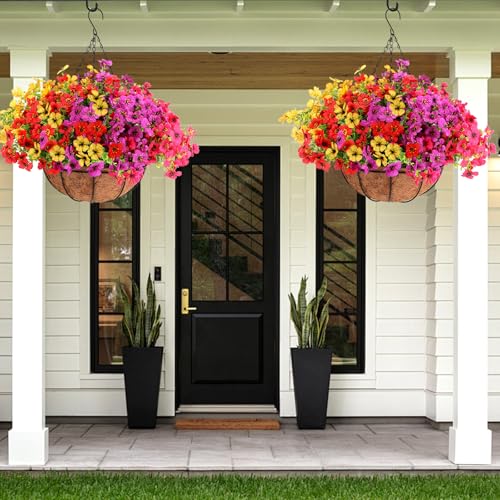 Geegoods 2 Set Artificial Hanging Flowers for Outdoors, UV-Resistant Fake Hanging Baskets, Realistic Hanging Planters for ...