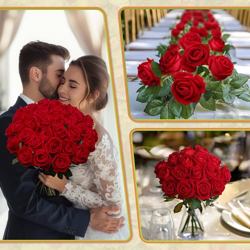 Jefuzh 50 PCS Fake Red Roses, Artificial Red Flowers Bulk Realistic Silk Faux Rose with Stems for Wedding Decoration Anniv...