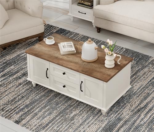 WAMPAT Modern Coffee Table with Storage Cabinet, White Coffee Tables for Living Room, Wood Rectangle Center Table with Dra...
