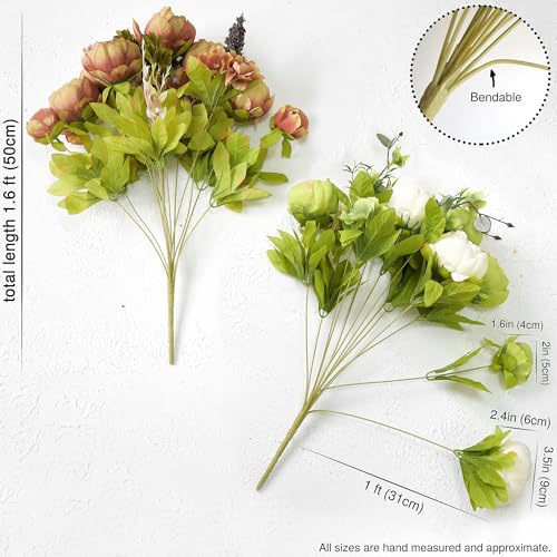 FiveSeasonStuff Rustic Brown, Beige & Green Artificial Peony Bouquets, 2 Silk Flower Bundles with Hydrangeas for Wedding &...