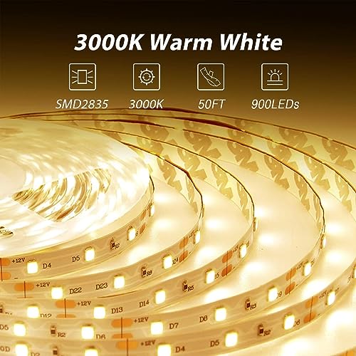 dalattin Warm White LED Strip Lights 50ft, Led Lights Strip Dimmable Bright 24V 3000K, 900 LEDs Lights for Bedroom, Mirro...