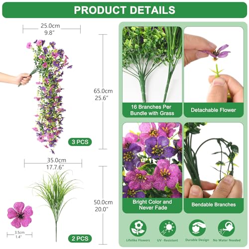 Artificial Hanging Flowers with Wheat Grass for Outdoors, 5 Pcs Fake Hanging Plants for Spring Decor, UV Resistant Faux Si...