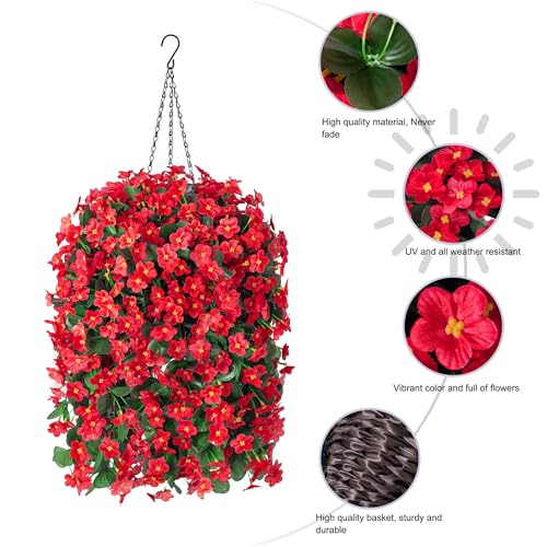 MJFloria Artificial Hanging Flowers with Baskets for Winter Christmas Decor, Fake Silk Red Hanging Daisy Orchid Flowers Pl...