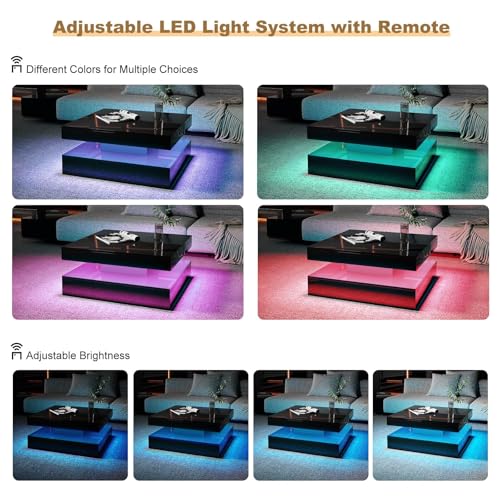 HedoAjim Black LED Coffee Table for Living Room, Living Room Table 2-Tier Square Center Tables, Wood Coffee Tables with St...