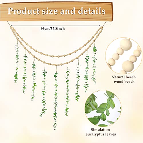 Hanging Eucalyptus Boho Wall Decor Large Boho Bedroom Wall Hanging Wooden Bead Garland Artificial Eucalyptus Natural Green...