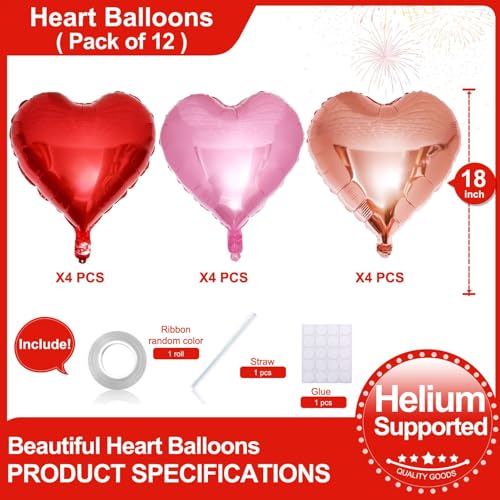Lovoir 12 Pcs Red Heart Shape Foil Mylar Balloons 18 Inch Love Balloons for Valentine's Day Birthday Party Decorations Wed...