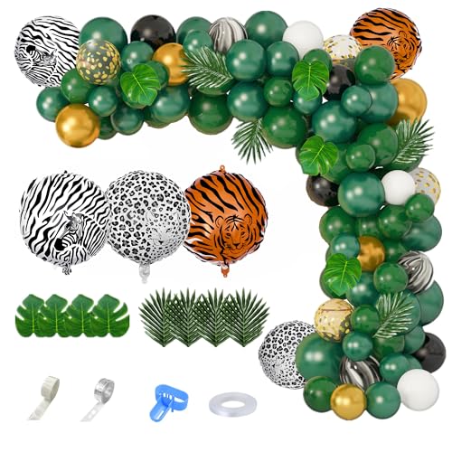 Amandir 152Pcs Jungle Safari Balloon Garland Arch Kit, Gold Dark Green Animal Balloons Artificial Tropical Palm Leaves Dec...