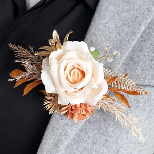Rose Flower Wrist Corsage Boutonniere Set, Groom Groomsmen Bride Bridesmaids Wedding Accessories Prom Party Suit Decoratio...