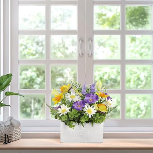 Briful Table Floral Arrangement Centerpiece, Faux Flowers in Wooden Vase, Silk Flowers for Home Decor Indoor, Spring Summe...