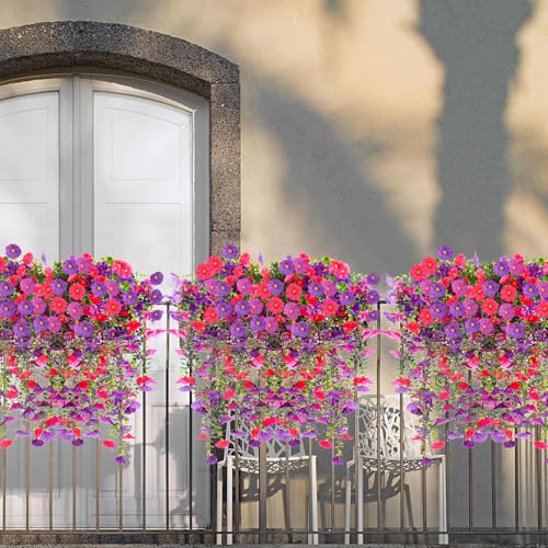 HSTEY 4PCS Artificial Morning Glory Vines Spring Summer Hanging Flowers for Outdoor with Eucalyptus Leaf, Silk Flowers for...