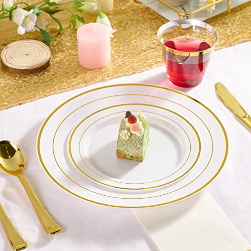 FOCUSLINE Gold Plastic Plates Set of 60, Disposable Plates with Gold Rim 30 Dinner Plates 10" and 30 Salad Dessert Appetiz...