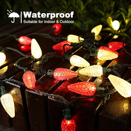 Brizled Red & Warm White C9 Christmas Lights, 33ft 50 LED Faceted Outdoor Christmas Lights, Connectable Xmas Tree Light, U...