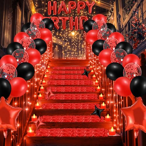 Red Happy Birthday Balloons Decorations Red and Black Birthday Balloon Letters Banner with 6 Pcs Star Balloons Red Artific...