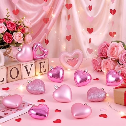 XmasExp Valentines Day Decor Heart Ornaments for Christmas Tree Decorations Set of 24 Pink Heart Shaped Bauble Perfect for...