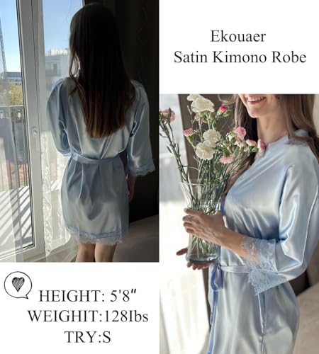 Ekouaer Womens Silk Robe Short Lace Trim Satin Robe 3/4 Sleeve Sexy Kimono Bride Bathrobe Comfy Sleepwear with Pockets