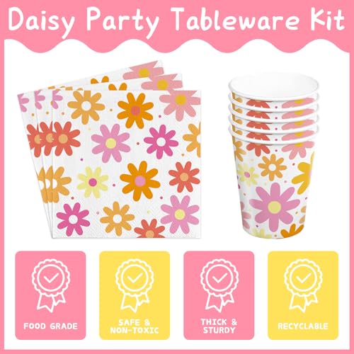 236pcs Groovy Daisy Party Supplies Daisy Plates Napkins Flower Tablecloth Banner Balloons Daisy Boho Paper Cups Dinner Tab...