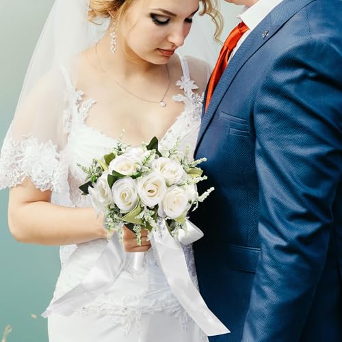Wedding Bouquets for Bride Bridesmaid Bouquet Ivory Bridal Bouquet Artificial Roses for Wedding Church Home Decoration (Iv...