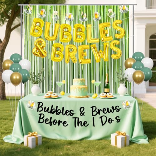 JOYMEMO Bubbles and Brews Bridal Shower Decorations Sage Green Gold - Bubbles and Brews Before I Dos Banner, Balloons, Gar...