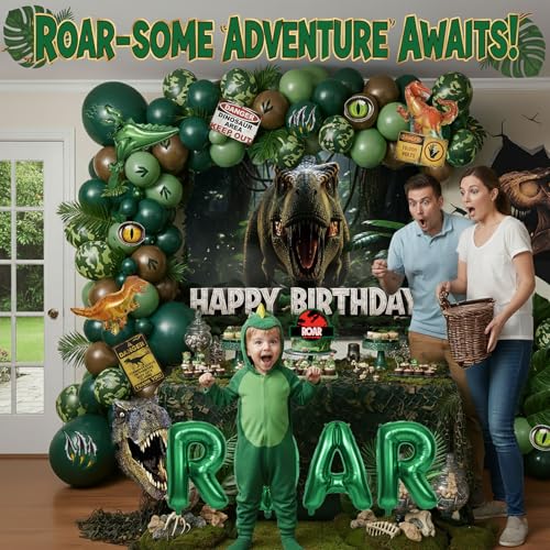 ROAR Dinosaur Birthday Decorations include Sage Green Brown balloon arch & small T-Rex Foil balloons & backdrop Sign & Art...