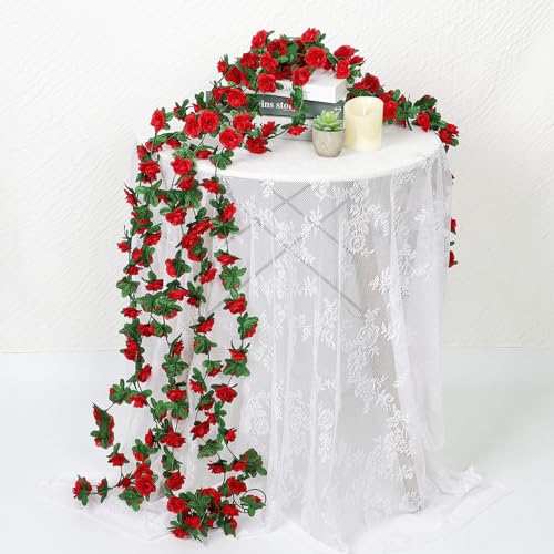 KHOYIME 9 Pack 72 FT Artificial Flower Garland, Fake Red Roses Vines Silk Flowers Faux Plastic Outdoor Hanging Floral Ivy ...