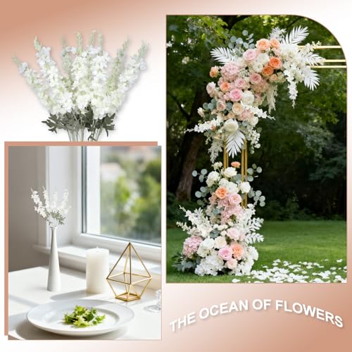 10PCS White Delphinium Artificial Flowers Larkspur Fake Flowers 34.6in Long Stem Faux Silk Flowers Bulk for Tall Vase for ...