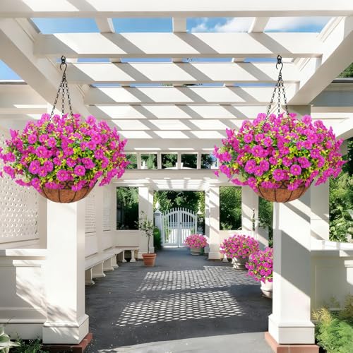Yastouay Artificial Hanging Flowers for Outdoors, Fake Hanging Plants with Baskets, UV Resistant Hanging Flowers Fake Flow...